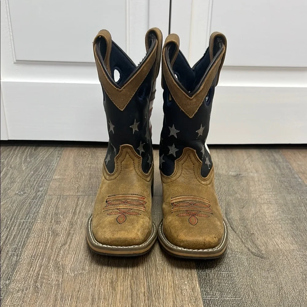 Kids Brown Cowboy Boots with Patriotic Star & Stripe Shaft